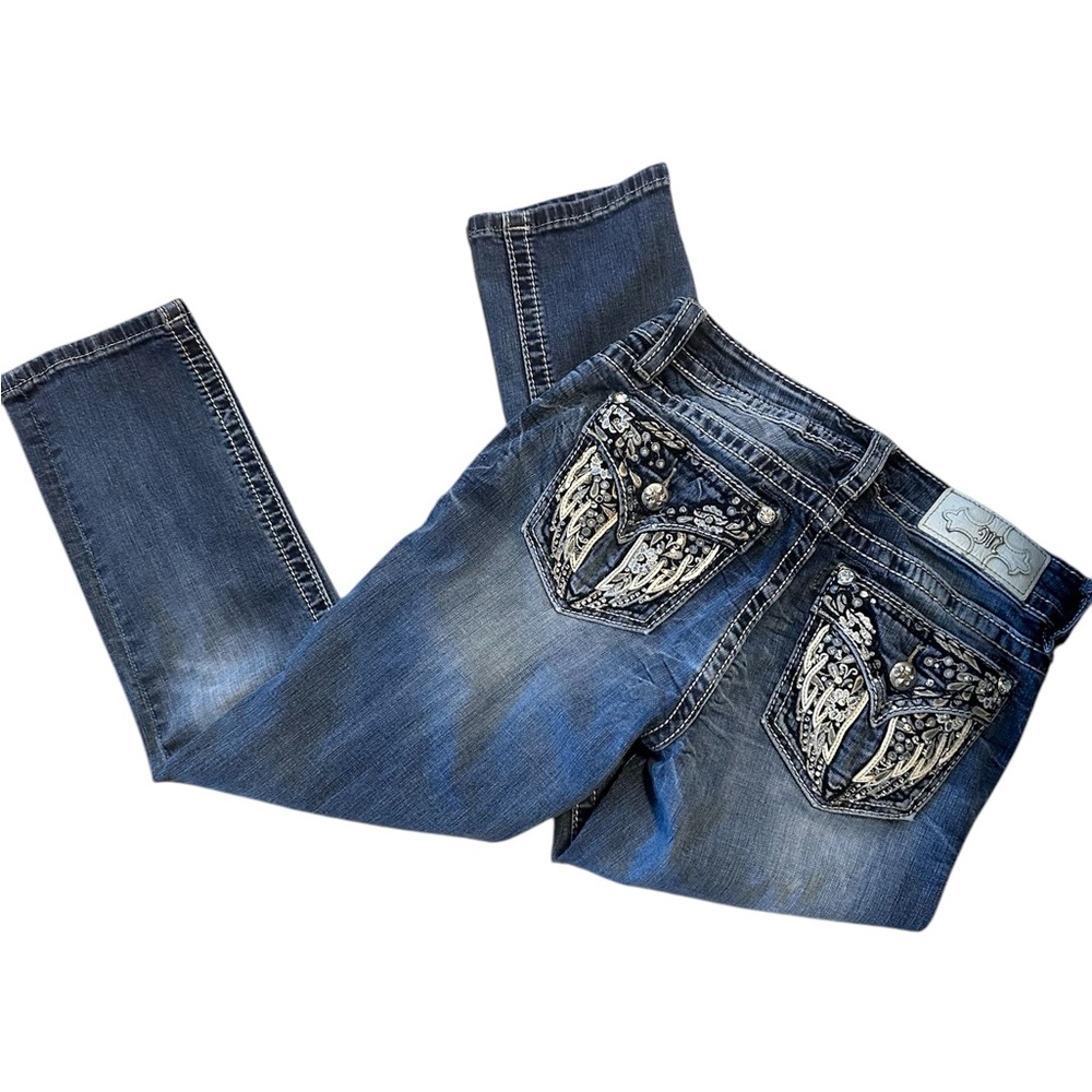 Miss Me Capri Jeans Sz 27 Angel Wings Rhinestone Pockets Distressed Embroidered